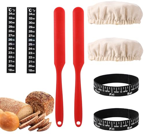 Sourdough Starter Jar Kit, Sourdough Bread Baking Supplies with 2 Cloth Covers, 2 Temperature Gauge, 2 Feeding Date Bands, 2 Silicone Scraper for Sourdough Fermentation Jars