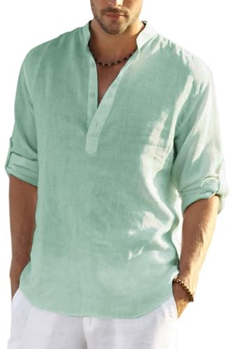 COOFANDY Men's Linen Henley Shirt Cotton Summer Long Sleeve Hippie Casual Beach T Shirts L A-Green