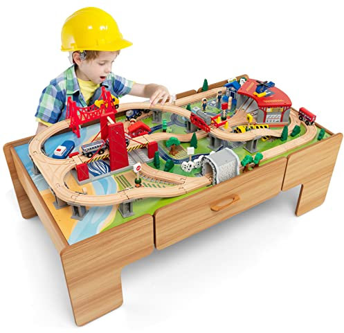 GOPLUS Spieltisch mit 100 Spielzeugteile, Kinder Eisenbahn Set mit wendbarer & Abnehmbarer Tischplatte, große Schublade, Züge, Gleise, Fahrzeuge, Spielzeug für Kinder ab 3 Jahre