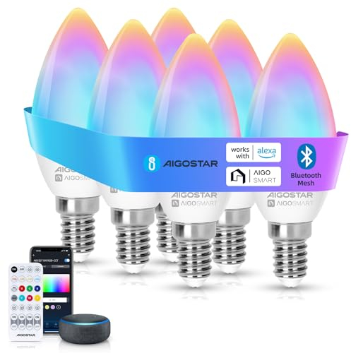 Aigostar Mesh - 6.5W C37 Alexa Glühbirne Bluetooth Mesh, Smarte Glühbirne Funktioniert mit Alexa, Smart Bulb E14 Kerze LED 555LM RGB & 2700K-6500K, 6 Stücke (mit Bluetooth-Fernbedienung)
