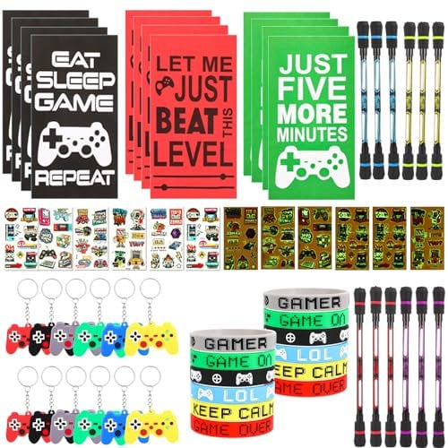Partideal Video Game Party Bag Fillers Age 12+, 52Pcs Gaming Favours with Drawstring Bags, Silicone Bracelet, Keychain and Glow Temporary Tattoos, Birthday Party Supplies for Kids and Adult Gamers