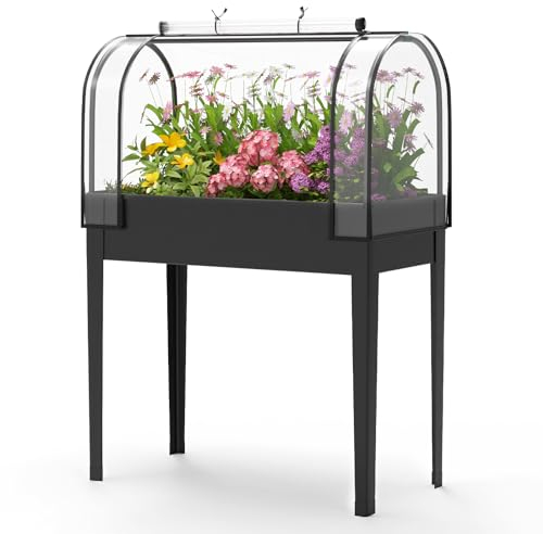 Poolergetic Hochbeet mit Abdeckung und Beinen, großer erhöhter Pflanzkasten aus Metall für Gemüse und Blumen im Freien, Schwarz