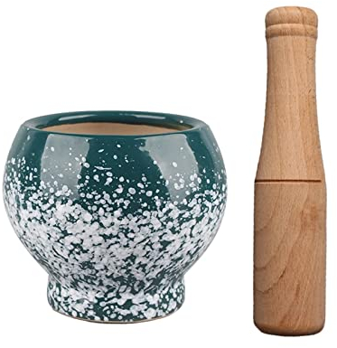 Juego de mortero y mortero de cerámica verde con mortero de madera, acabado decorativo de puntos blancos, juego de mortero y mortero de porcelana, triturador de pastillas, molinillo de especias, cuenc