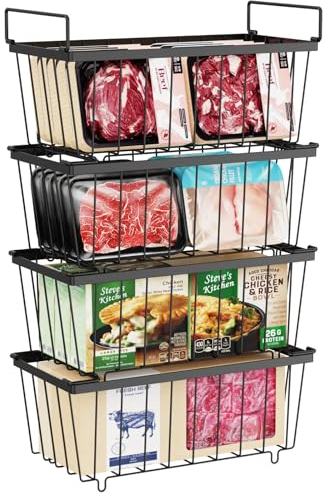 iSPECLE Chest Freezer Baskets - 4 Pack Stackable Wire Basket Add Space for 198L Deep Freezer Easy Get Food with Handles, Sort Food Air Circulation Keep Better Freshness, Black