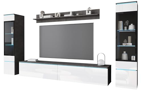 MINIO go for it - Wohnwand 4-Teilig Set Veve 2 I Hängend oder Stehend I 2X Hochschrank-Vitrine I Lowboard Wandboard I Laminierte Spannplatte I Matera und Weiss Hochglanz - LED Beleuchtung