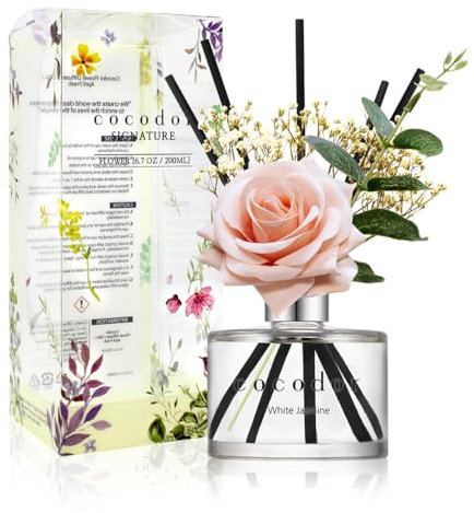Cocodor Rosenblüten-Diffusor, weißer Jasmin, 190 ml, 1 Packung, Raumduft, ätherisches Öl, Stab-Diffusor für Schlafzimmer, Badezimmer, Heimdekoration