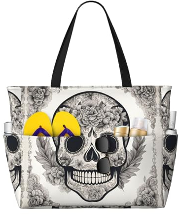 DRTGEDS Mexikanische Totenkopf-Strandtasche für Damen, groß, wasserdicht, Strandtasche, Reißverschluss, Strandtasche, Schwimmbadtasche, große Tragetasche, Schwarz, Einheitsgröße