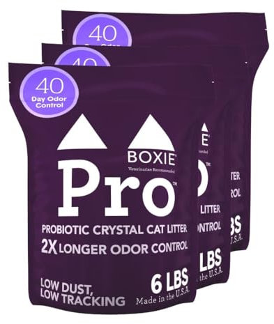 Boxie® Probiotic Unscented Crystal Cat Litter, 40-Day Odor Control, 18lb (3 Pack of 6lb Bags), Non-Clumping, Dust-Free, Lightweight