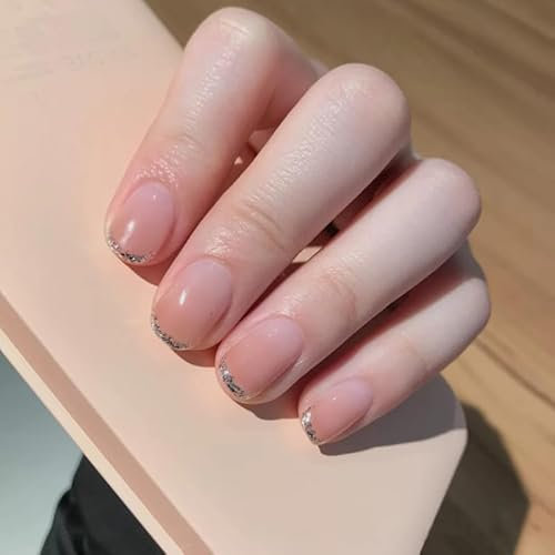 Press On Nails - Square Fake Nails with Glue Full Cover - Silver Tip French False Nails Tips Set with Glue & DIY Tools - For Women Girls Removable False Nails Art (Silver Glitter Tip)