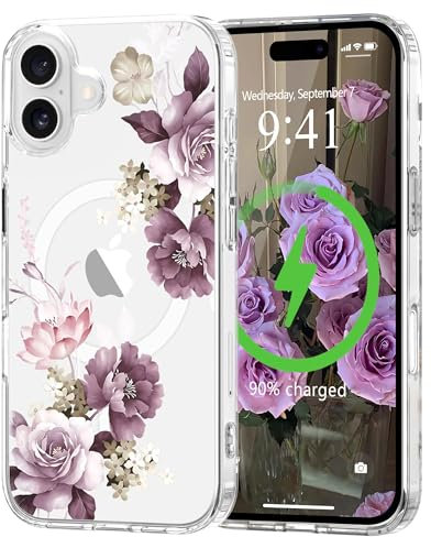 L-FADNUT Magnetic for iPhone 16 Case, Compatible with Magsafe Floral Pattern Design, Clear Girly Flower Cover Slim Bumper Shockproof Protective Phone Case for iPhone 16 Purple