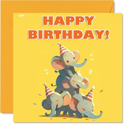 Elefanten-Geburtstagskarten für Sie und Ihn, Partytier-Pyramide, Happy Birthday Karte für Mutter, Vater, Bruder, Schwester, Tante, Onkel, Cousin, Freund, Familie, Kollegen, 145 x 145 mm