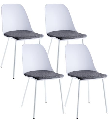 JYMTOM 4er-Set Esszimmerstuhl aus Kunststoff, Skandinavische Garten Stühle mit Grauer Samt-Polsterung und weißen Metallbeine für Garten, Esszimmer, Picknick und Restaurant, 82 * 54 * 43 cm (4, Grau)