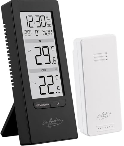 infactory Funkthermometer: Digitale Temperaturstation, Innen-/Außenthermometer, Funkuhr, schwarz (Funk Aussenthermometer, Funk-Thermometer mit Außensensor, Uhr)