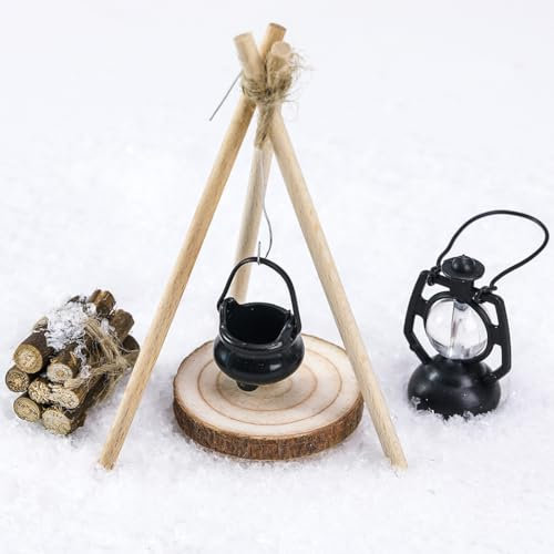 Wichtel Zubehör, Miniatur Weihnachten Lagerfeuer Brennholz Kessel Bonfire Feuerstelle Schnee Set, Mini Werkzeug 1:12 Weihnachts Halloween Wichtelzubehör für Wichteltür Puppenhaus Deko Geschenke