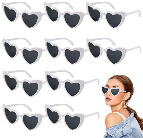 10 Stück Brille Herzform,Herzförmige Party-Sonnenbrille,Retro Herz Sonnenbrille,Team Braut Herz Brille,Sonnenbrille Weiß,90er Jahre Hippie Herzförmige Brille,für Fasching Foto Requisiten Geburtstags