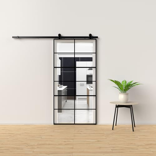 Bricoleva.it Porta Scorrevole in Vetro 96x220 cm con Cornice Nera in Alluminio, Senza Binario, Porta scorrevole per Ufficio o Casa (Trasparente - Lumina Octa)