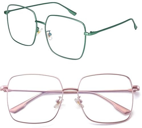 Dollger Blaulichtfilter Brille für Damen Herren Blaue Licht Blockieren Brille Square Metall Großer Rahmen Brille Anti Blaulicht PC TV Gaming Rose+Grün