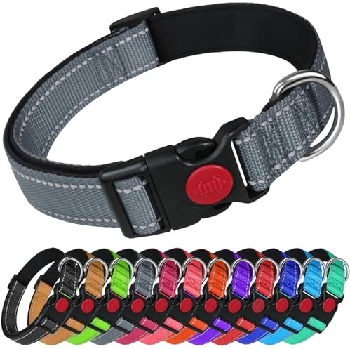 LARRYROO Reflective Dog Nylon Collar | Slide Lock Safety Buckle | Fully Adjustable | Soft Neoprene Padding (Grey, Medium (35cm - 50cm Neck))