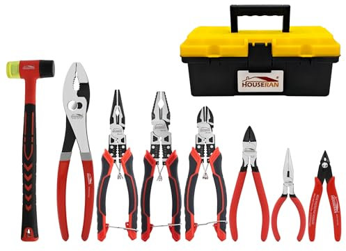 HOUSERAN 8-Piece Tool Set with Case Including 10” Slip Joint Pliers, 8.3” Long Nose, 8.3” Linesman, 7.5” Diagonal, 6” Flush Cutter, 5” Long Nose, 5” 170 Cutter, 25mm Rubber Mallet for DIY & Home Use