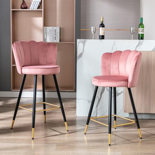chairus Samt Barhocker 2er Set, Tresenhocker Barstühle Mit Blütenblatt Rückenlehne Bistrohocker mit Fußstütze, Hocker für Küche/Hausbar,Rosa