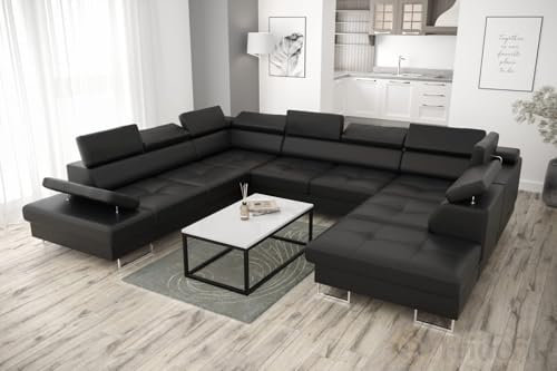 Friderik Ecksofa Leder Galaxy MAX I Ledersofa 280x350x225 cm Schlaffunktion und Zwei Bettkasten (Schwarz, Links)