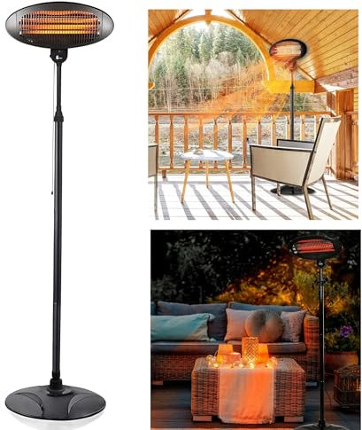 2KW Free Standing Electric Patio Heaters 3 Heat Settings Quartz Portable Tilting IP34 Rated Adjustable, Heat Angle and Height Ideal for Garden Patio Lawn Energy Efficient Heater