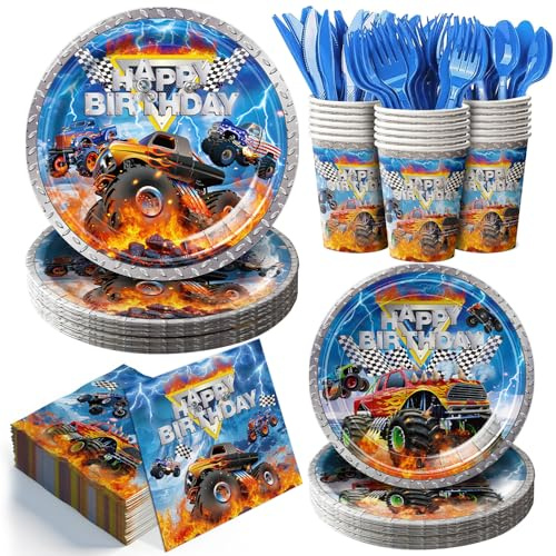 168pcs Monster Truck Party Decorations Plates Napkins Disposable Paper Cups Monster Car Tableware Set Birthday Party Supplies for Kids Boys 1st 2nd 3rd Birthday Decor Serves 24 Guests