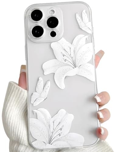 NITITOP for iPhone 16 Pro Max Case Clear Cute Flower Lily, White | for Women Girls, Aesthetic Floral Butterfly Design, Transparent Soft TPU Shockproof Cover, Full Camera Protection