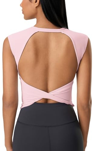 Haut de sport dos nu pour femme : sans manches crop top torsadé dos avec bonnets semi-fixes - T-shirt d'été sexy pour le yoga, le fitness, la gym
