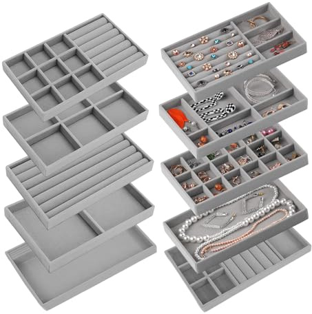 Schmucktablett, 10 Stück Schmuckeinsatz, Schmuck Organizer, Schmuckaufbewahrung Schublade, Schmuckeinsatz für Schubladen, Schmucktablett Stapelbar für Aufbewahren und Präsentieren (Grau)