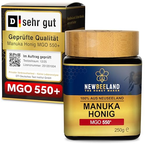 NEWBEELAND Manuka Honig MGO 550+ Direktimport aus Neuseeland 250 Gramm | chargengeprüfter Methylglyoxal-Gehalt (MGO), Cremig-zähflüssige Textur, herber & kräftiger Geschmack, lichtgeschütztes Glas