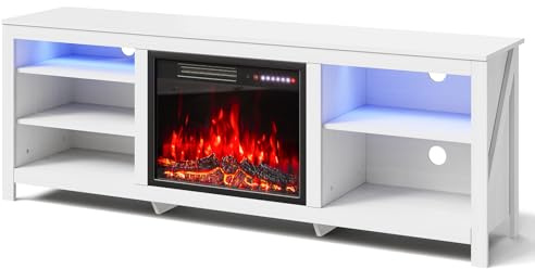 Warmiehomy Electric Fire Insert TV Stand, 78 TV Unit with Fireplace Built in, 12 Colors Moon Light & Flame Effect Support, 23 Fireplace with 5 Levels Flame Speed, Overheat Protection, White