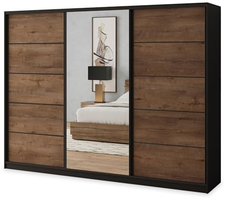Masseno Schiebetürenschrank NATA 270/205/58 cm Kleiderschrank mit 4 Schubladen Schlafzimmer Schrank 3-türig mit Spiegel Schwarz/Eiche Lefkas
