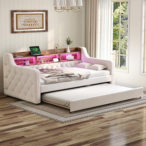 Luscriate Schlafsofa 90x190 cm mit Stauraum – Ausziehbett Samt mit L-E-D Beleuchtung & USB-C, Einzelbett mit Lattenrost, Gästebett für Schlafzimmer & Jugendzimmer, Beige (Beige)