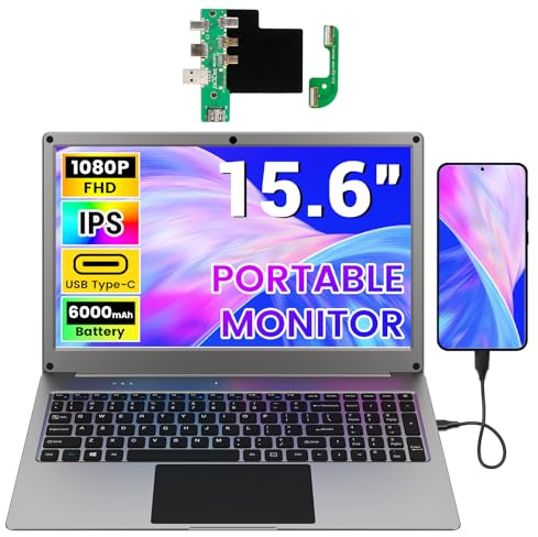 Portable Monitor with Keyboard, 15.6 Inch Lapdock Display with 6000mah Built-in Battery,CrowView Note 1080P FHD USB C Monitors with RPi5 Adapters Compatible with RPi5, PC, Phone, Mac, Game Console