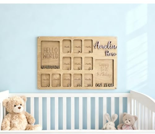 Andisijq Mein erstes Jahr personalisierbarer Bilderrahmen für 12 Monate für das erste Jahr des Babys, mit Namen, Monats-Meilenstein-Erinnerungsrahmen für Baby