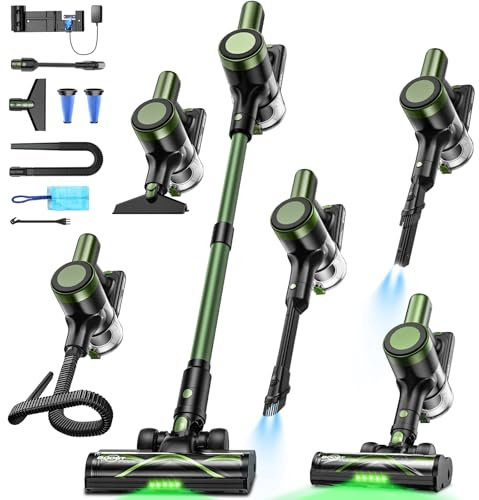 NYXAL Akku Staubsauger 50KPa/500W/55Mins, Staubsauger Kabellos mit Wandmontierte Ladestation, Selbststehende, LED Display, Anti Tangle Bürste, für Tierhaare/Teppiche/Hartböden/Auto, Militärgrün