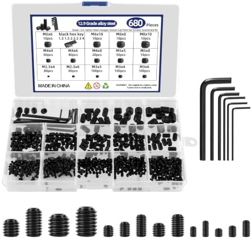 680 Pcs Grub Screws Assorted, M2.5 M3 M4 M5 M6 M8, 12.9 Carbon Steel, Grub Screws for Door Handles, Lights, Metric Cup Point Hex Head Socket Screw Set