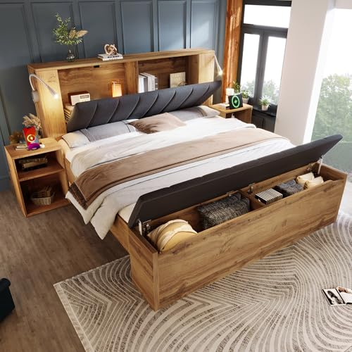 Dolamaní Doppelbett 160x200 cm mit mit klappbarem Kopfteil, Holzbett mit Lattenrost Aus Metall, 2 Nachttische & Bettbank mit Stauraum, Leselampen, Eichenfarbe, ohne Matratze (Eiche + Grau B)