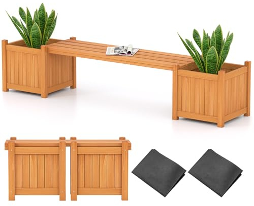 RELAX4LIFE 3-en-1 Jardinière Extérieur en Bois de Sapin, Banc de Jardin avec 2 Jardinières, Base à Lattes Amovible, Bac à Fleurs avec Doublure Fournie, Montage Modulable, pour Jardin Cour (Orange,M)