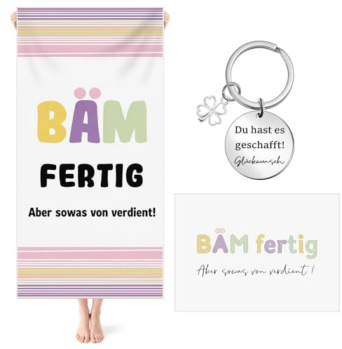 Tatuo Bestandene Prüfung Geschenk 160 × 80 cm Strandtuch, BÄM Fertig | Führerschein Ausbildung Neuer Job Motivation Geschenk Strand Sauna Microfaser Badetuch mit Schlüsselanhänger Glückwunschkarte