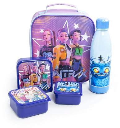 KPop Demon Hunters Lunchtasche in Lila | Isolierter Lebensmittelbehälter mit Flasche & 3 Snackdosen | Schulbrotdose mit Cartoon-Motiven | K-Pop Demon Hunters Merchandise