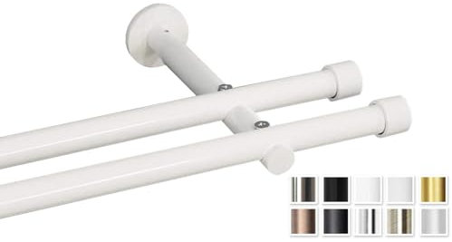 Rollmayer Moderne Gardinenstange Ø 19mm glänzend, Chrom/Weiß/Schwarz (240cm weiß rohr, 2-läufig, mit Crux) Wandbefestigung Ohne Ringe!