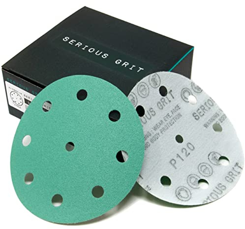 Serious Grit - 125mm 9-Hole P120 Grit Sanding Discs - 50 Pack Box | Fits Festool ETS / RO 125 Sanders - Heavy-Duty Hook & Loop Wet/Dry Film Sandpaper For Wood, Auto Body, Paint, Metal, & More