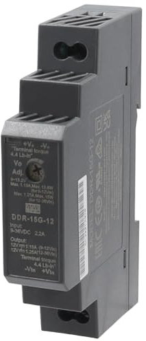 WITTKOWARE DDR-15G-12 DC/DC Wandler für 35mm DIN-Hutschiene, Eingang 9~36V/DC, Ausgang 12V/DC (mit Poti einstellbar 9~13,2V), max. 1,25A, 15W