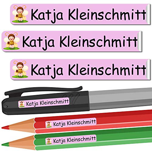 INDIGOS UG - Namensaufkleber Kinder Schule - 49x7 mm - personalisierbar - 052 - Lustige Biene - 88 Sticker - Namensschilder personalisiert - Aufkleber selbst gestalten - Stifte, KITA, Federmappe