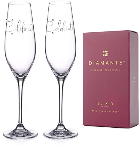 DIAMANTE Lot de 2 flûtes à champagne en cristal Swarovski avec inscription « Celebrate » - Ornées de cristaux Swarovski - Coffret cadeau