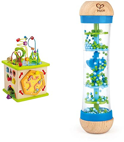 Hape E1810 - Motorikwürfel Kleine Tierchen, aus Holz, ab 12 Monate & E0328 - Blauer Regenmacher, Musikspielzeug, ab 0 Monaten