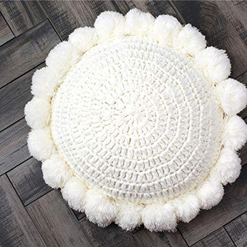 SWECOMZE Runde Boho Zierkissen mit Pom Poms Quaste weich handgemachte dekorative, 50 * 50cm Boho Kissen Sitzkissen Dekokissen Couchkissen für Sofa Schlafzimmer Wohnzimmer (Weiß)
