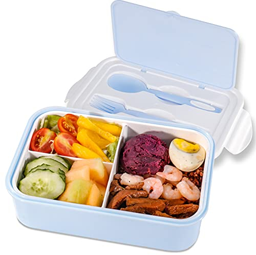 Lunchbox 1400ml Brotdose Kinder mit 3 Fächer und Besteck, Tragbar Lunchbox Erwachsene BPA-Frei Bento Box zum Schule / Büro / Picknickreisen, Anzug für Mikrowellenheizung & Geschirrspülmaschine